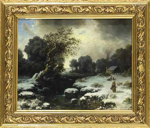 August Seidel (1820-1904) (attrib.), verschneite Winterlandschaft am Abend mitHolzsammlerin am