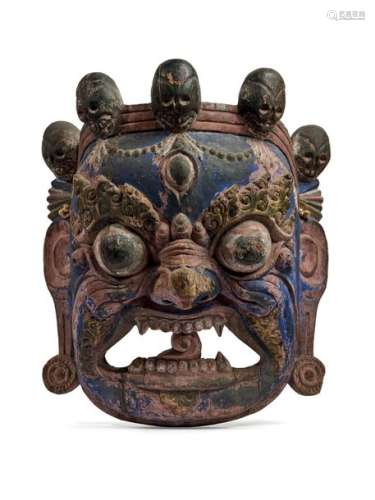 Masque de Mahakala en bois peint polychrome, les y…