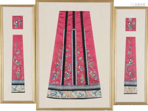 (3) Chinese Silk Embroidered Skirt Panels, 19th Century