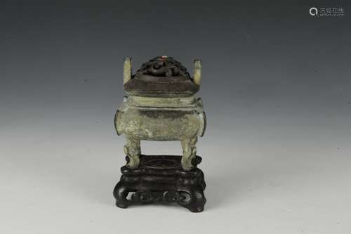 Rectangular Bronze Censor w/ Cover & Base, 18th Century