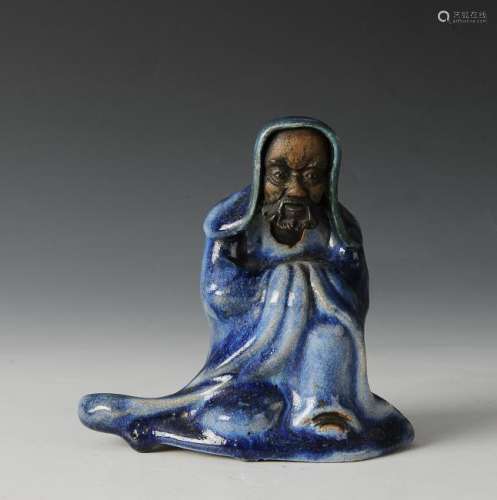 Shiwan Damo Statue w/ Blue Glaze, 19th Century
