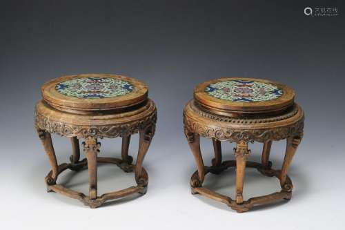 Pair Wood Stands with Cloisonne Tops, 19-20th Century