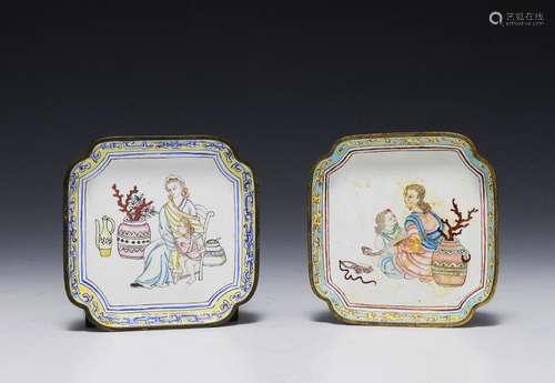 Pair of Enamel & Bronze Trays, 18-19th Century