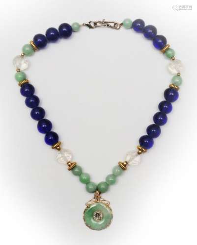 Chinese Jadeite, Peking Glass, & Crystal Necklace
