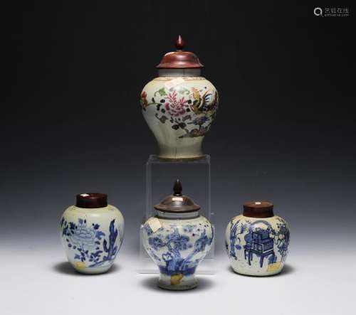 (4) Chinese Covered Jars 18th-19th Century