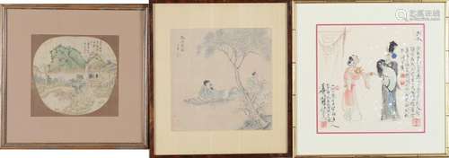 (3) Chinese Paintings, Fan, Late 19th-20th Century