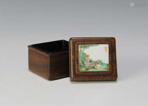 Chinese Zitan Box w/ Porcelain Plaque, 19th Century