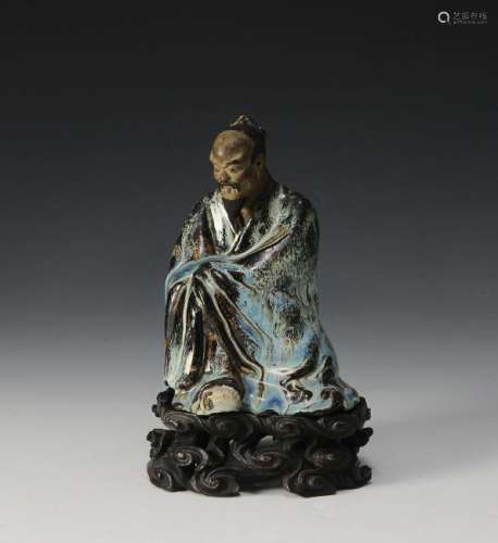 Chinese Seated Ceramic Scholar with Stand