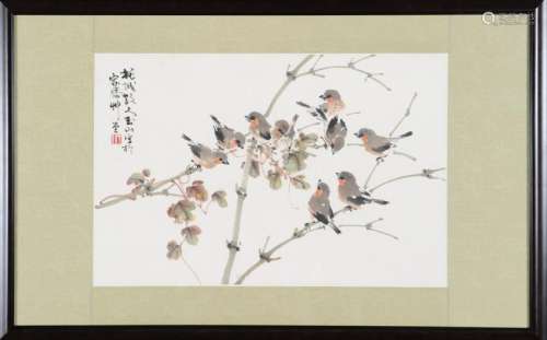 Framed Painting of 9 Birds by Lin Yushin