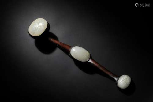 Chinese Ruyi Wand with 3 Jade Panels