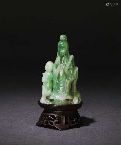 Jadeite Carved Guanyin w/ Wood Stand, 19th Century