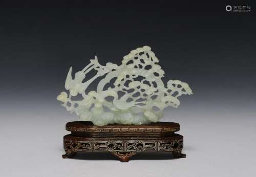 White Jade Carving of Birds & Pine Tree, 20th Century