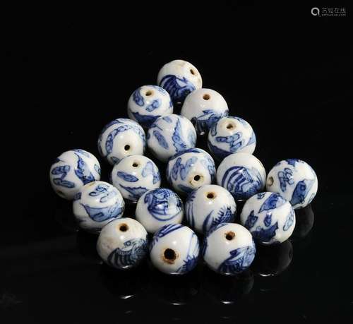 Set of 18 Blue & White Porcelain Beads, 19th Century