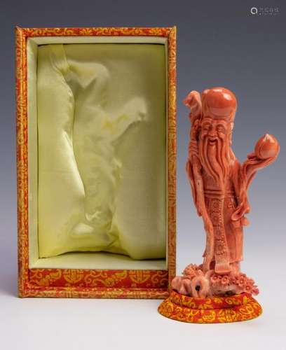 Chinese Coral Carving of Shou w/ Box, 20th Century