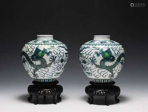 Pair of 19th Century Porcelain Dragon Vases on Stands