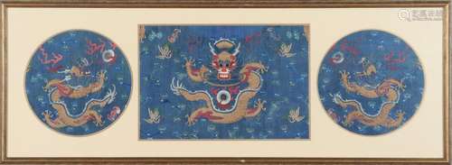 Chinese Embroidered Blue Silk Dragon Robe Panels