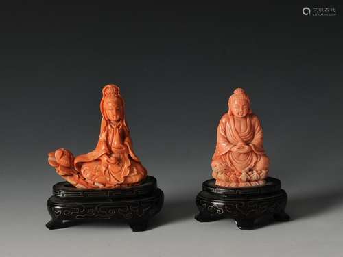 Pair of Coral Carvings of Guanyin & Buddha