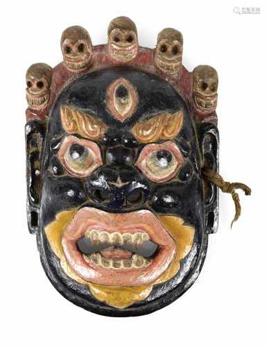 DÄMONENMASKE, POLYCHROMGEFASST, TIBET, UM 1900L. 33 CM