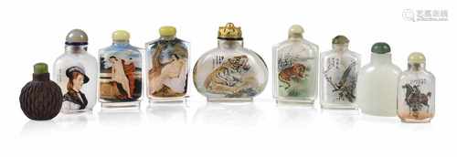 9 SNUFFBOTTLES, GLAS/KERAMIK,TIERE, FIG. SZENEN, CHINAH. 4,5/7 CM