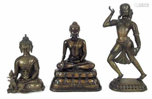 DREI BRONZEN, U.A. BUDDHA,TIBET/NEPALH. 23/36,5 CM