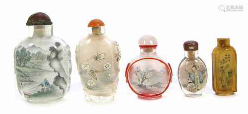 FÜNF SNUFFBOTTLES MIT INNENMA-LEREI,CHINA,ANFANG/MITTE 20.JHH. 5/8,5 CM