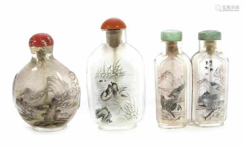 DREI SNUFFBOTTLES MIT INNENMA-LEREI,CHINA, TEILS BEZ CHUNYUNH. 6/6,9 CM