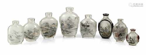 ACHT SNUFFBOTTLES, GLAS, CHINA20. JH., BEMALTH. 4/8 CM