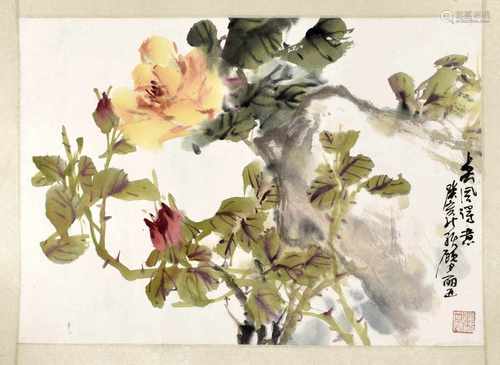 BLUMENMALEREI, UNGERAHMTCHINA, 20. JH.46 X 33 CM