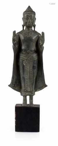 STEHENDER BUDDHA, BRONZE,CA. 13. JH.H. 37 CM