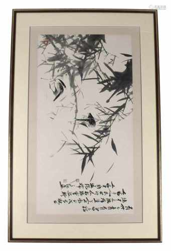 MALEREI, SPATZEN IN BAMBUS,TUSCHE/PAPIER, SIGN., CHINA46,5 X 88 CM, R.