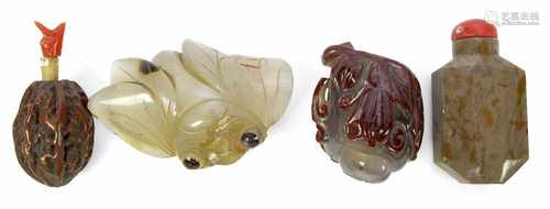 VIER SNUFFBOTTLES AUS VERSCH.MATERIALIEN, CHINA, 19./20.JH.H. 3,5/5,5 CM