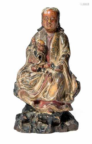 POLYCHROM GEFASSTE GUANYIN AUSHOLZ, CHINA, FRÜHE QINGH. 21 CM