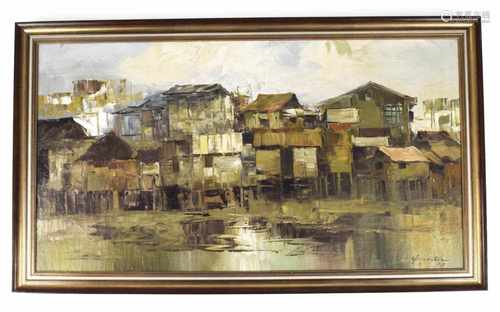 MALEREI, DORF AM FLUSS, BEZ.C. BUENAVENTURA60,5 X 110 CM, R