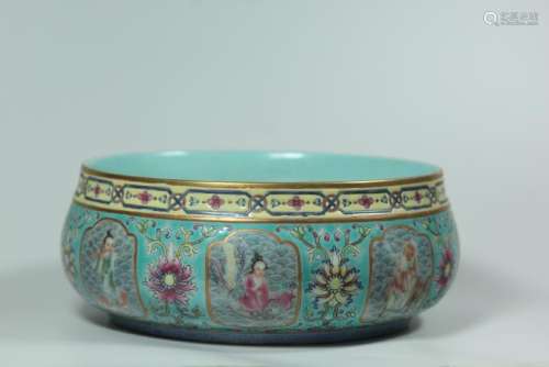 A TURQUOISE-GROUND FAMILLE-ROSE WASHER.MARK OF QIANLONG