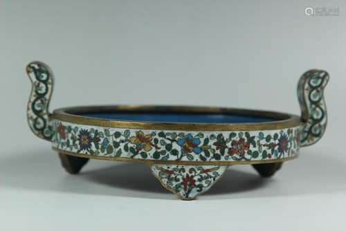 A GILT-BRONZE CLOISONNE ENAMEL TRIPOD CENSER.MARK OF