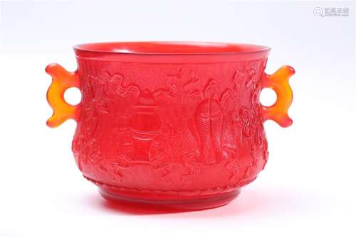 A CARVED RED GLASS CENSER.ANTIQUE