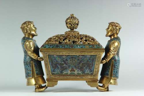 A GILT-BRONZE CLOISONNE ENAMEL 'FIGURES' CENSER AND