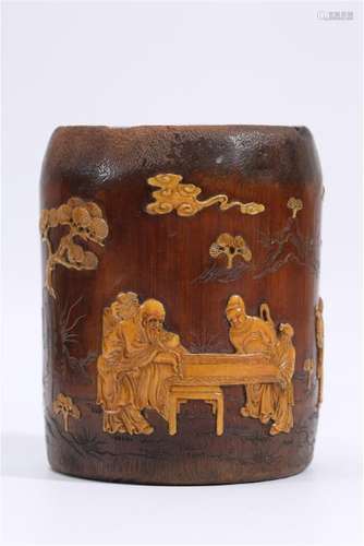 A CARVED BAMBOO BRUSHPOT.BITONG.ANTIQUE