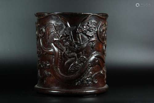 A CARVED AGALLOCH WOOD 'DRAGON' CUP.ANTIQUE