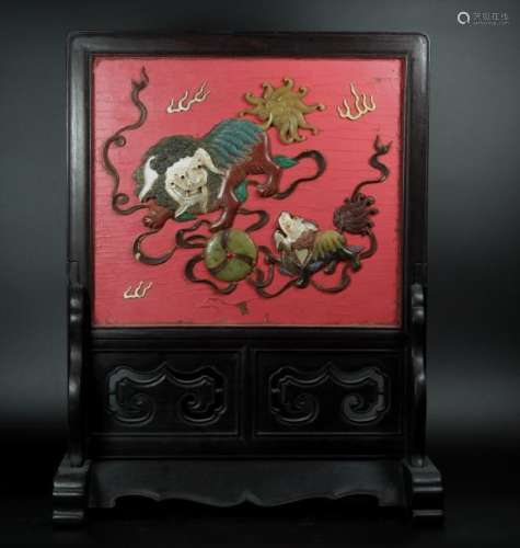 A GEM'S INLAID RED-LACQUER TABLE SCREEN.ANTIQUE