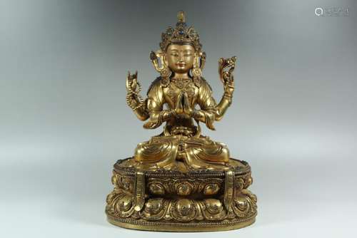 A GILT-BRONZE FIGURE OF AVALOKITESVARA.QING DYNASTY