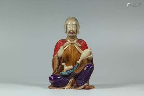 A COLORED SOAPSTONE CARVING OF LUOHAN.ANTIQUE