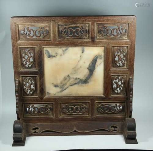 A STONE INLAID HUANGHUALI TABLE SCREEN.ANTIQUE
