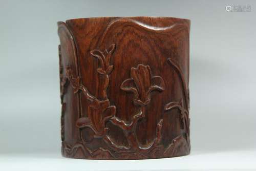 A CARVED HUANGHUALI 'THREE FRIENDS' BRUSHPOT.BITONG