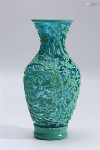A CARVED TURQUOISE OVERLAY BLUE 'DRAGON' VASE.MARK OF