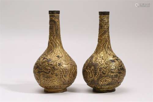 A PAIR OF GILT-BRONZE VASES.MARK OF QIANLONG