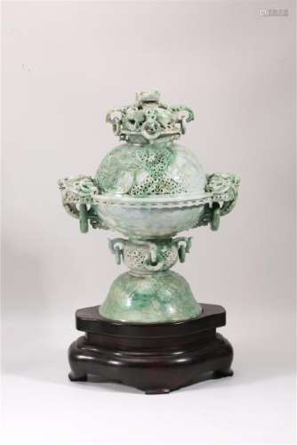 A CARVED JADEITE 'DRANGON AND PHOENIX' CENSER AND