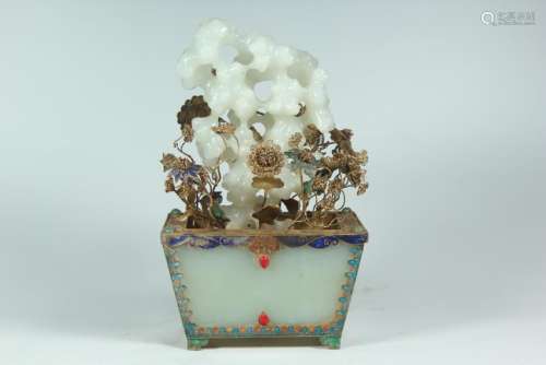 A GILT-SILVER INLAID JADE FLOWERPOT.QING DYNASTY