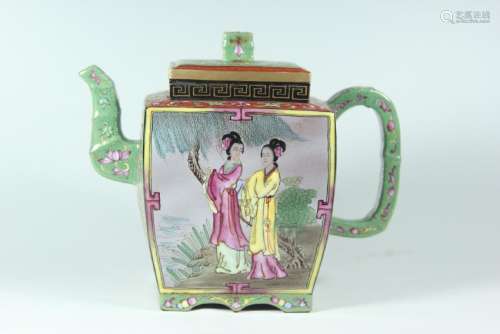 A PAINTED YIXING TEAPOT AND COVER.ANTIQUE