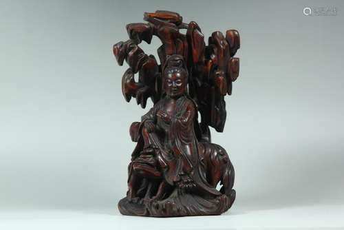 A WOOD CARVING OF GUANYIN.ANTIQUE